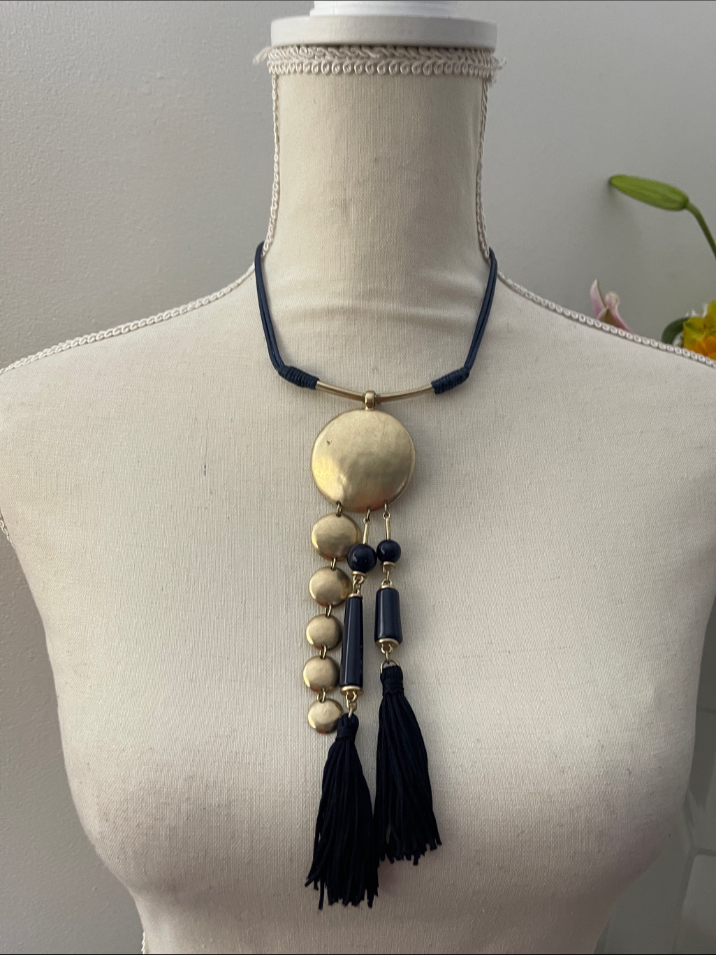 Chico's Oriental Style Gold Disc Necklace With Navy Tassels